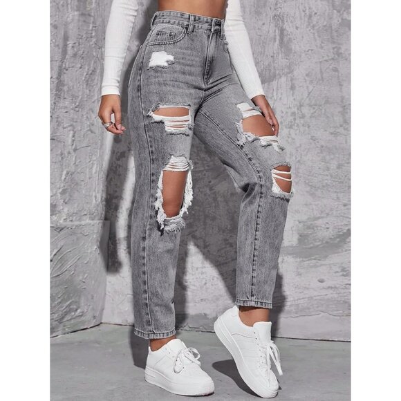 Women's High Waist Boyfriend Ripped Straight Leg Denim Jeans Grey Small - Picture 4 of 7
